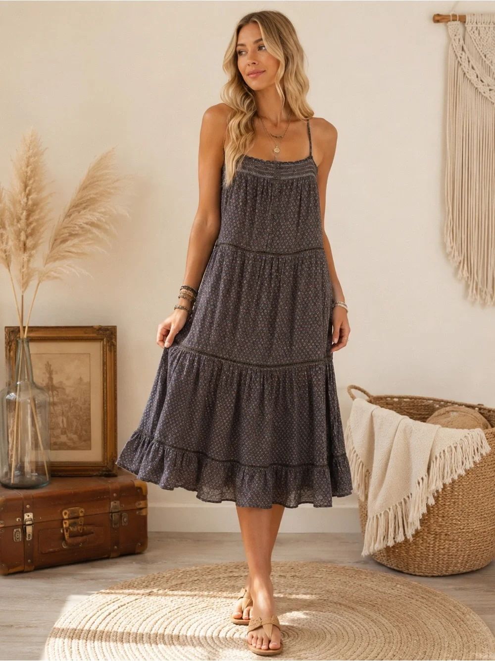 aerie Charcoal Floral Boho Tiered Midi Dress